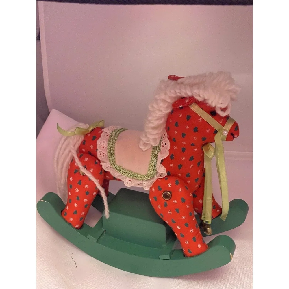 Stuffed Christmas Rocking Horse Music Box Red Green‎ Fabric Wood San Francisco